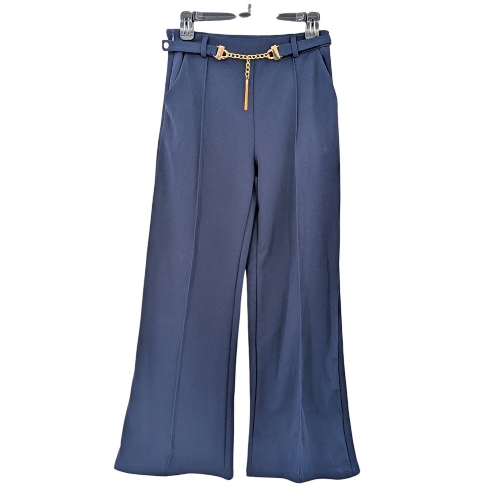 High Waist Wide Leg Pants Navy Belted Dressy Flowy NWT M Workwear office